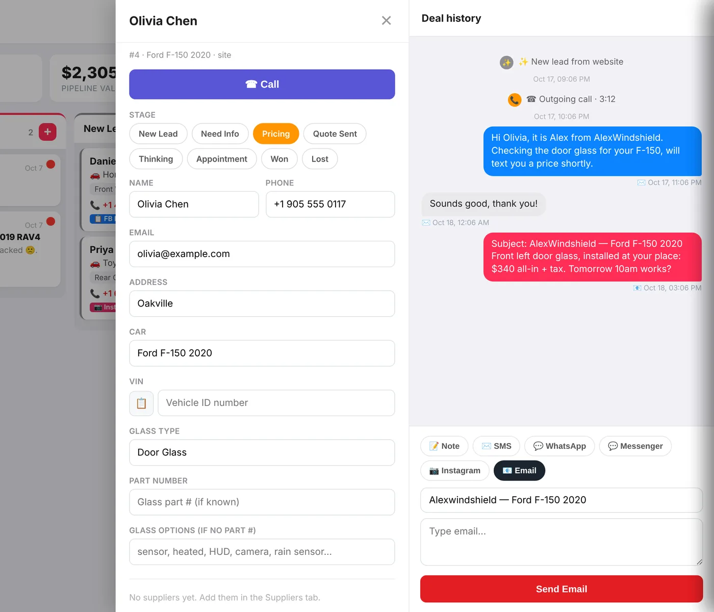 Customer card in Windshield CRM with car details, glass type, supplier quotes and the message history