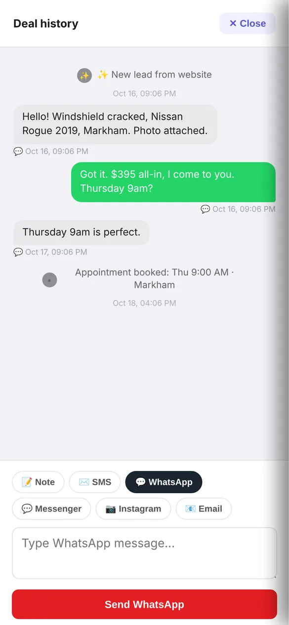 WhatsApp conversation with a customer inside Windshield CRM on a phone