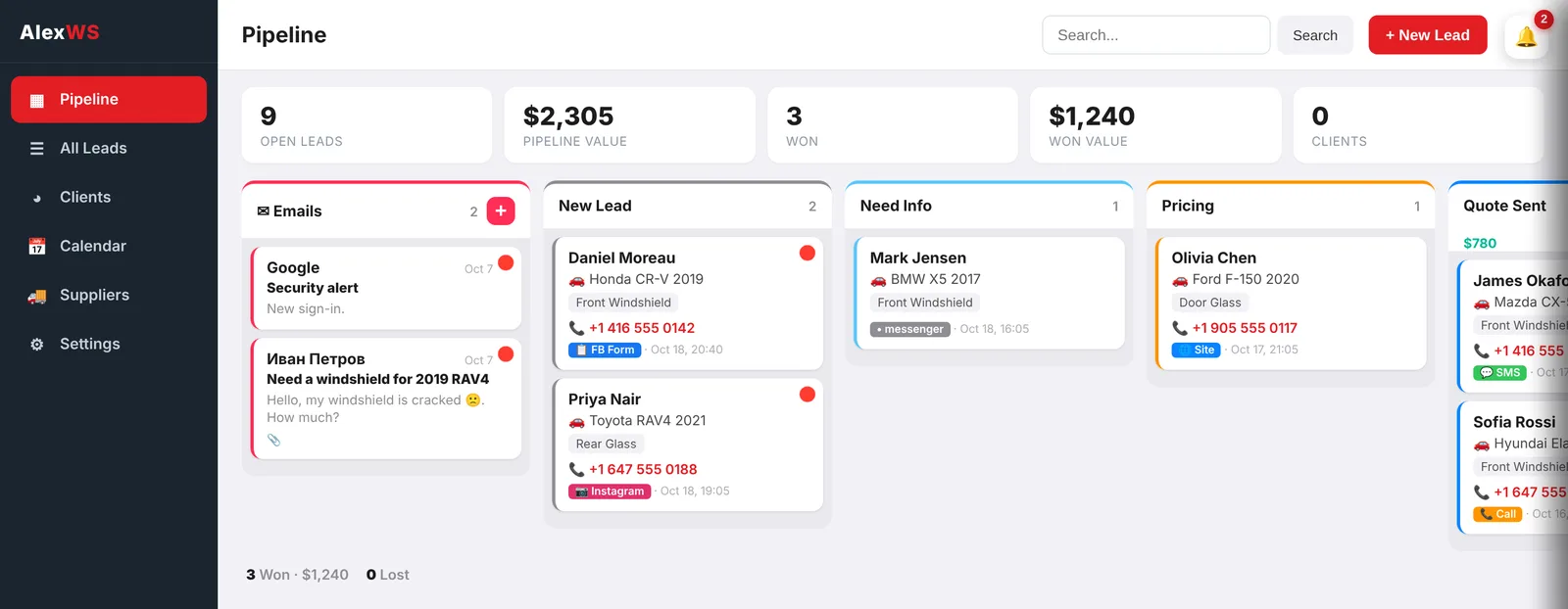 Windshield CRM pipeline: leads from Facebook forms, Instagram, website, SMS and calls in one board